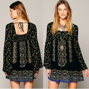 Free People Baby Doll Bell Sleeve Boho Tunic Dress Sequin Detail Raw Hem Medium